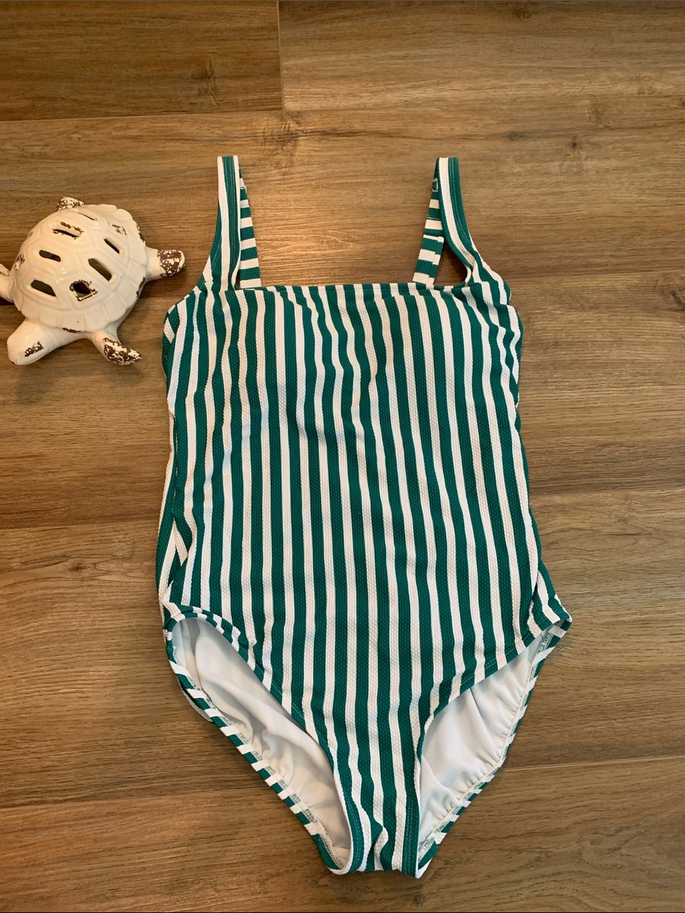 Time and Tru Green and White Striped One-Piece Swimsuit Size M